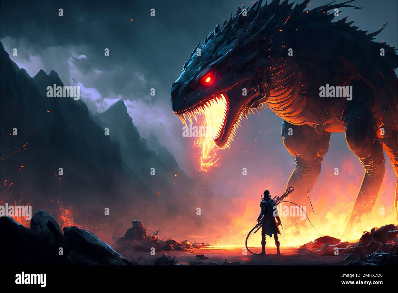 Un'intelligenza artificiale ha generato l'illustrazione di un guerriero che si trova davanti a un drago che respira il fuoco Foto Stock