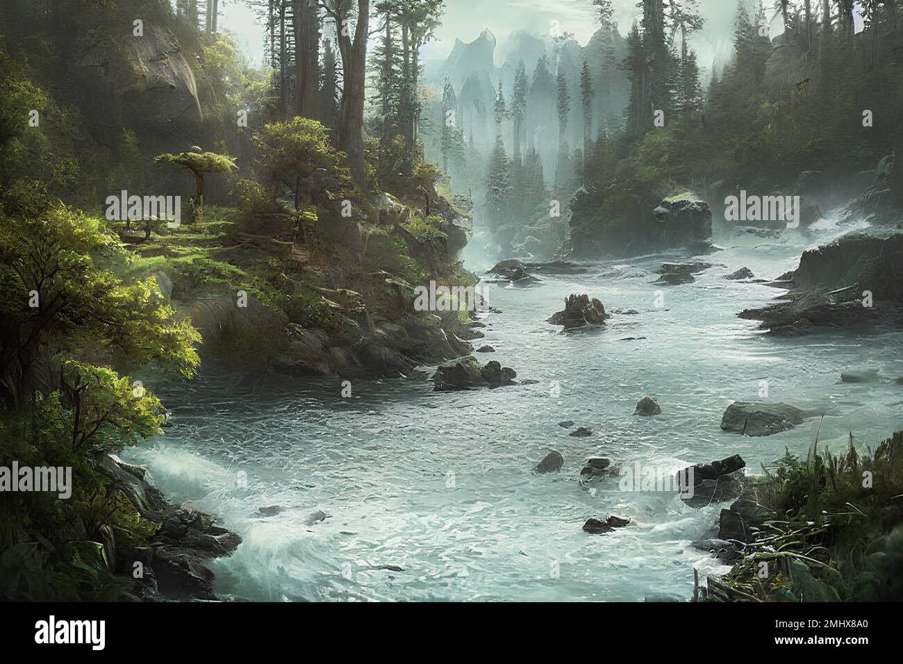 Un'intelligenza artificiale ha generato l'illustrazione di un ruscello del fiume in una foresta nebbiosa Foto Stock
