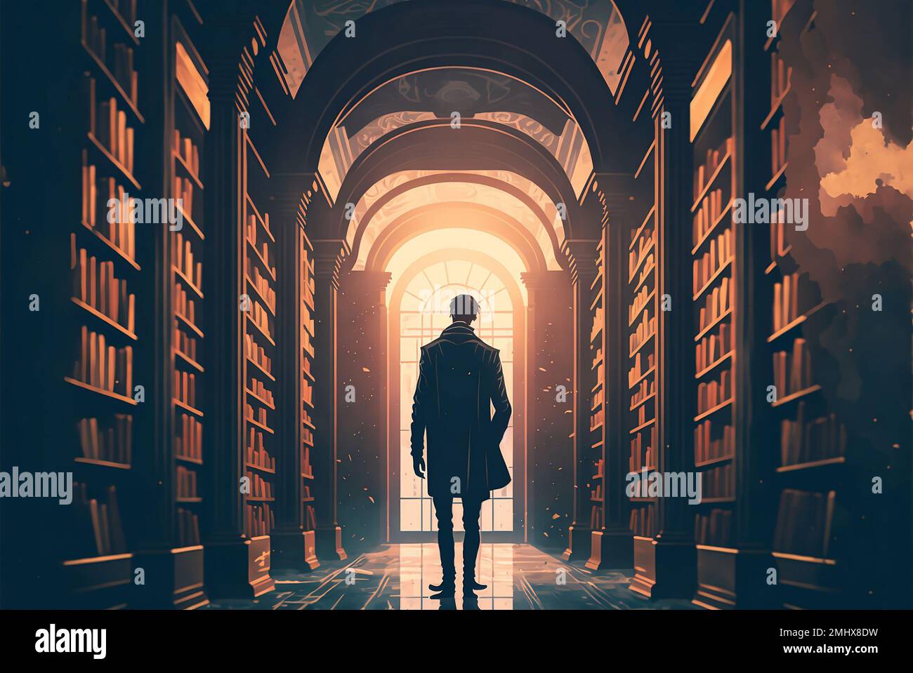 Un'intelligenza artificiale ha generato l'illustrazione di un uomo che cammina nelle file di una vecchia biblioteca, guardando fuori dalla finestra Foto Stock