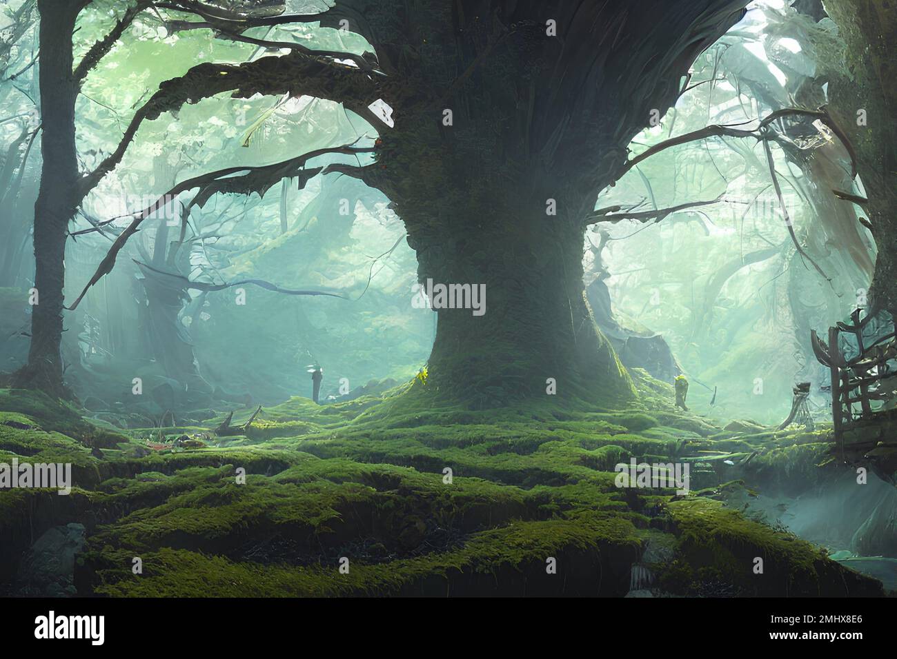 Un'intelligenza artificiale ha generato l'illustrazione di una foresta nebbiosa Foto Stock