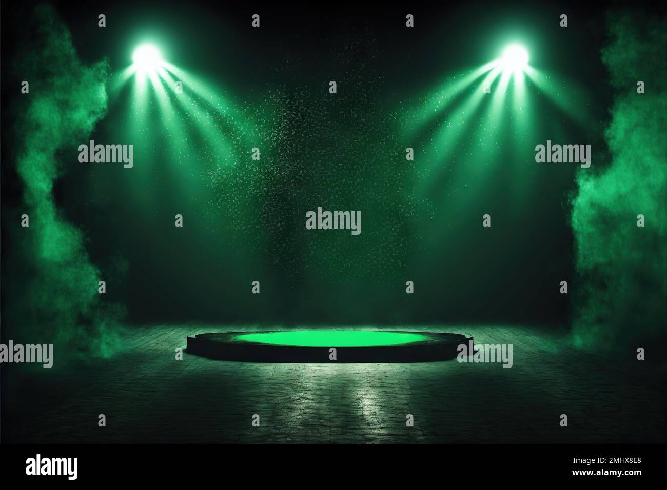 Un'illustrazione generata dall'intelligenza artificiale di un palcoscenico circolare con fari verdi luminosi che brillano su di esso Foto Stock