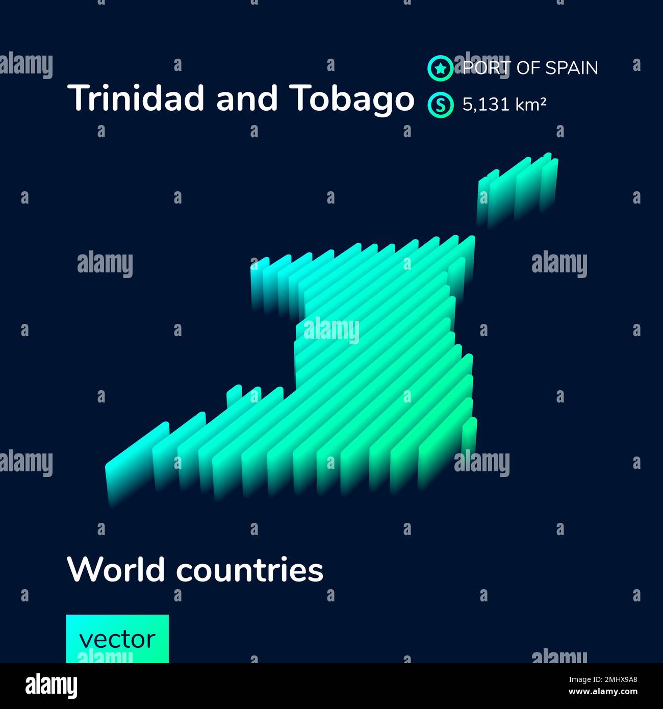 Mappa digitale al neon a righe isometriche Trinidad e Tobago 3D stilizzata nei colori verde, turchese e menta Illustrazione Vettoriale