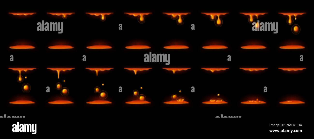 Caduta liquido lava gocce foglio di sprite animazione per il gioco 2D. Il magma fuso caldo gocciola in pouddle, storyboard vettoriale dei cartoni isolati sul dorso nero Illustrazione Vettoriale