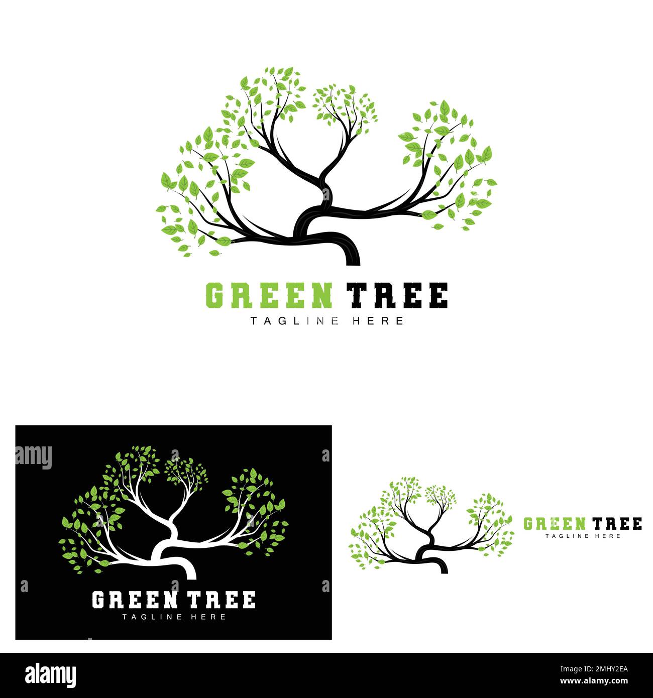 Logo Green Tree, logo Bonsai Tree Illustration, foglia e vettore di legno Illustrazione Vettoriale