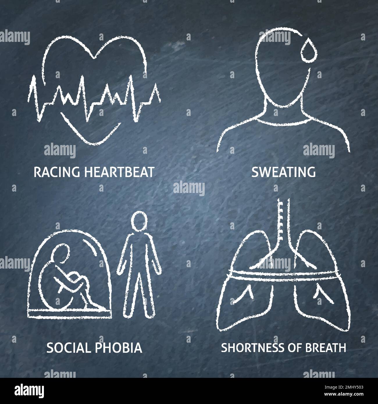 Icona sintomi di stress e ansia impostata sulla lavagna. Illustrazione vettoriale. Illustrazione Vettoriale