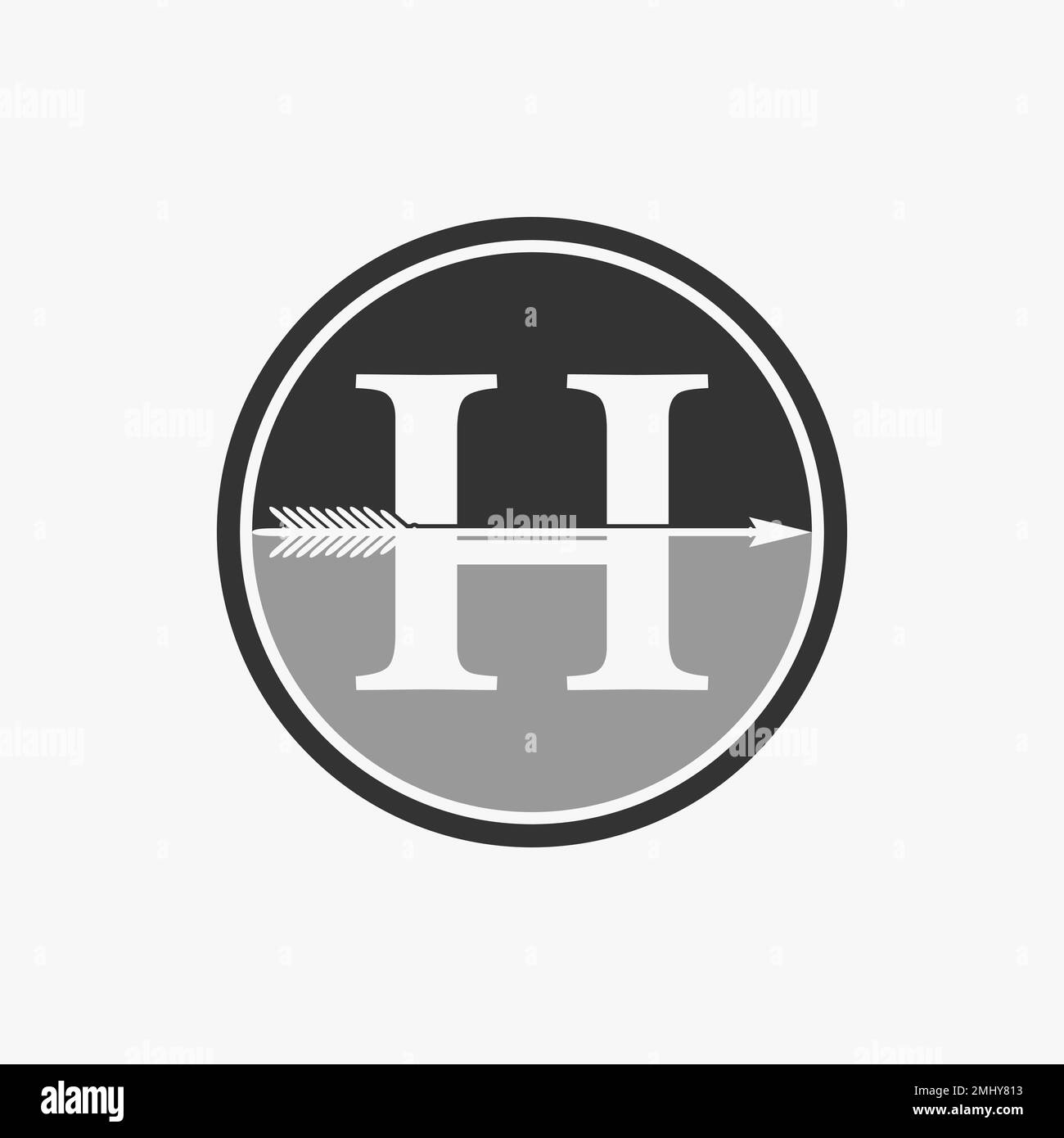 Carattere H serif semplice ed unico di lettera o parola con freccia e uccello su blocco cerchio grafico logo design astratto concetto vettoriale stock classico o iniziale Illustrazione Vettoriale