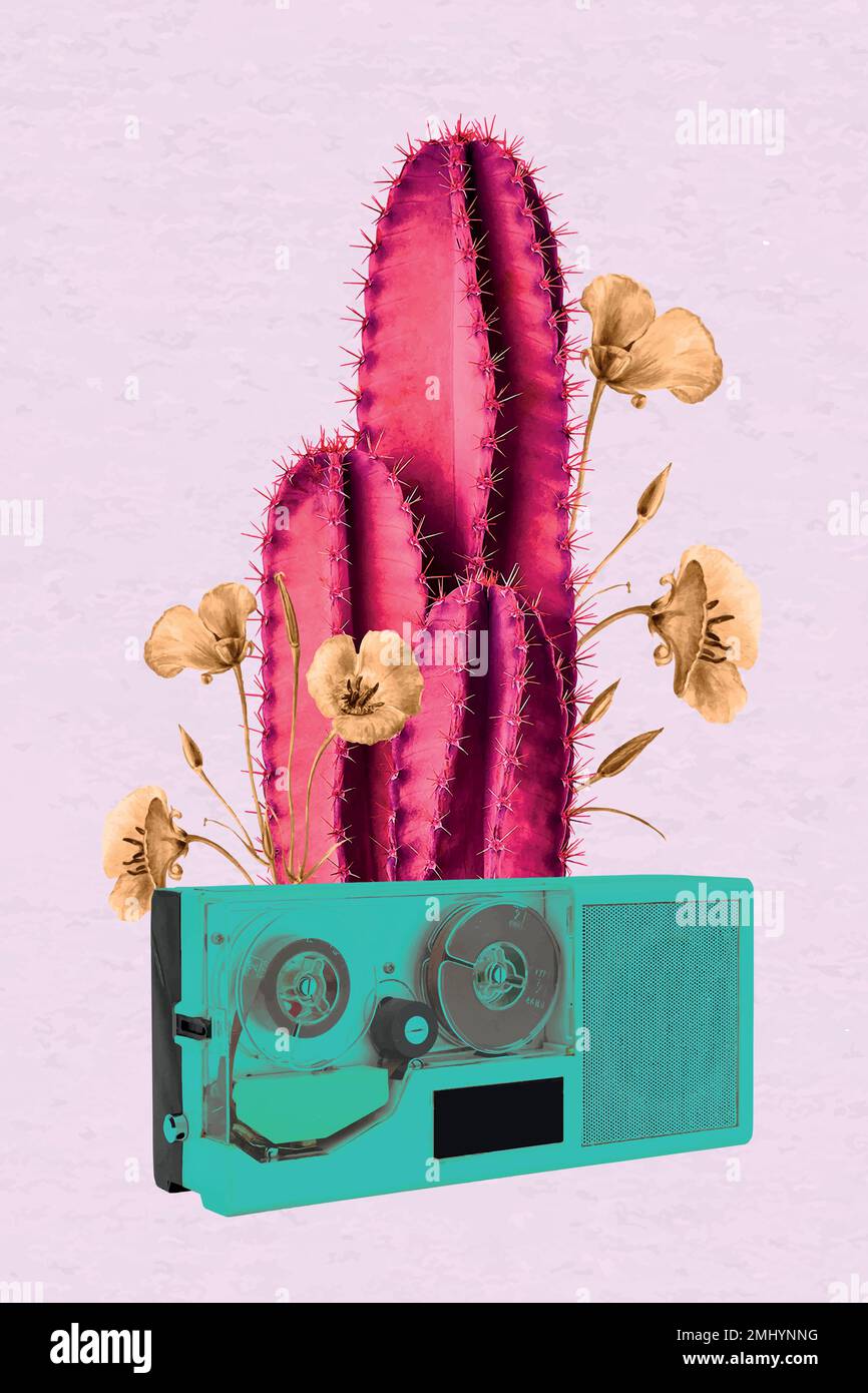 Collage retrò neon cactus vettore, effetto negativo funky mixed media art Illustrazione Vettoriale