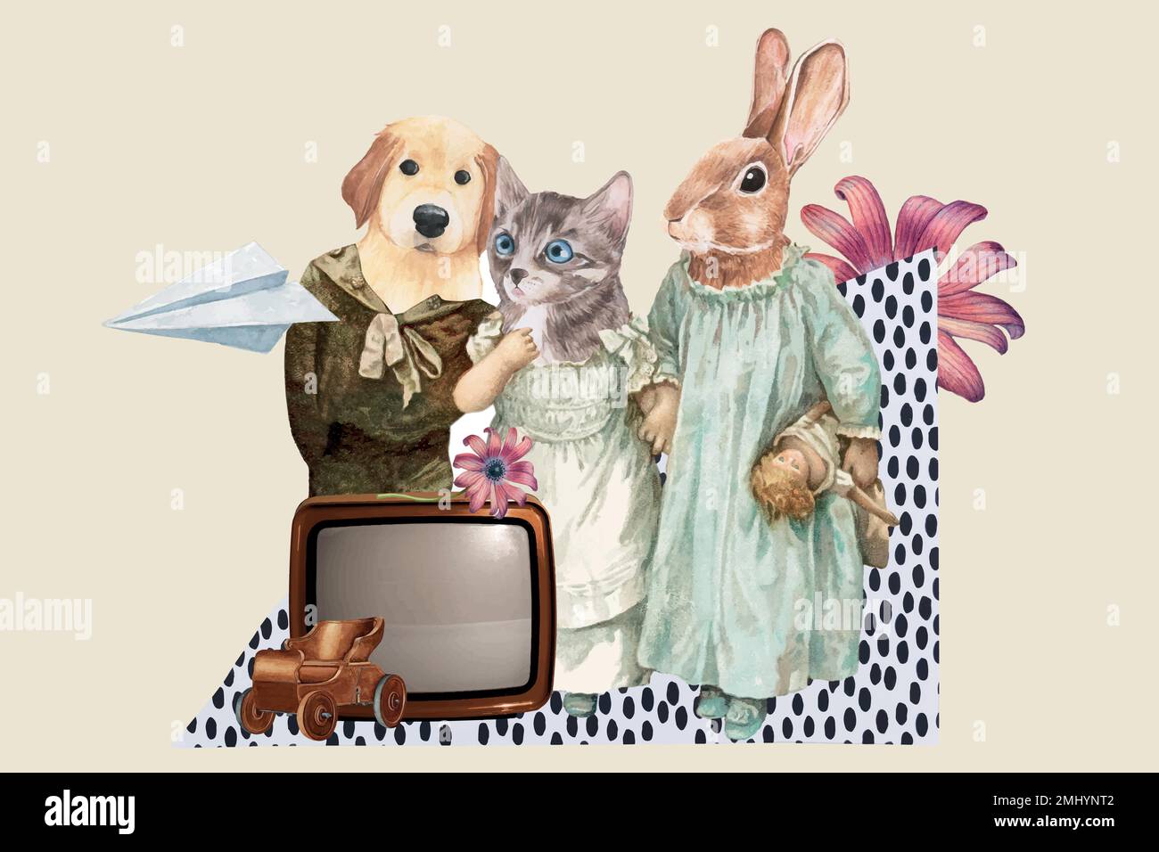 Retro collage vettore estetico, cute animale illustrazione mista media arte Illustrazione Vettoriale