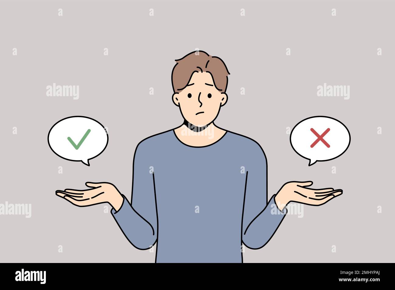 Il giovane frustrato si sente incerto o dubbio circa il prendere la decisione. Un ragazzo confuso pensa al dubbio sulla soluzione del problema. Concetto di dilemma. Illustrazione vettoriale. Illustrazione Vettoriale