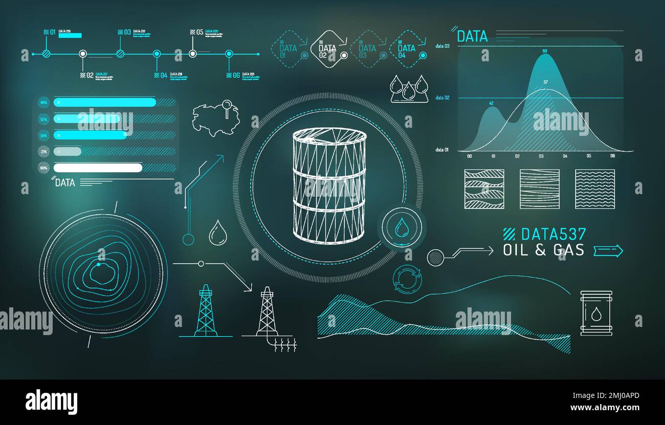 Insieme di elementi infografici sull'esplorazione e la produzione petrolifera. Illustrazione Vettoriale