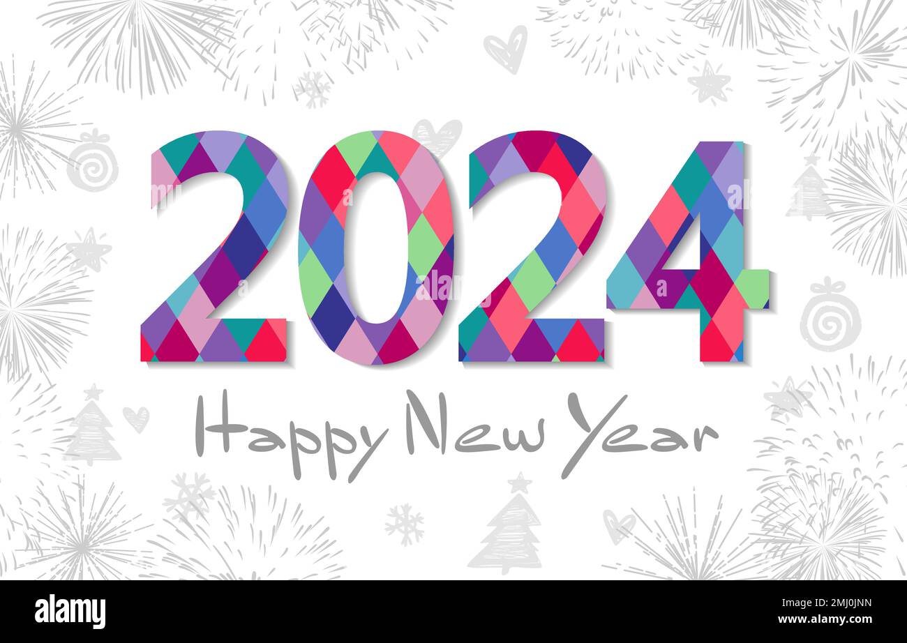 2024 Un biglietto di auguri creativo per il buon anno. moderno numero 20 24 e sfondo festivo con elementi grafici isolati di stile disegnato. Pattern vettoriale Illustrazione Vettoriale
