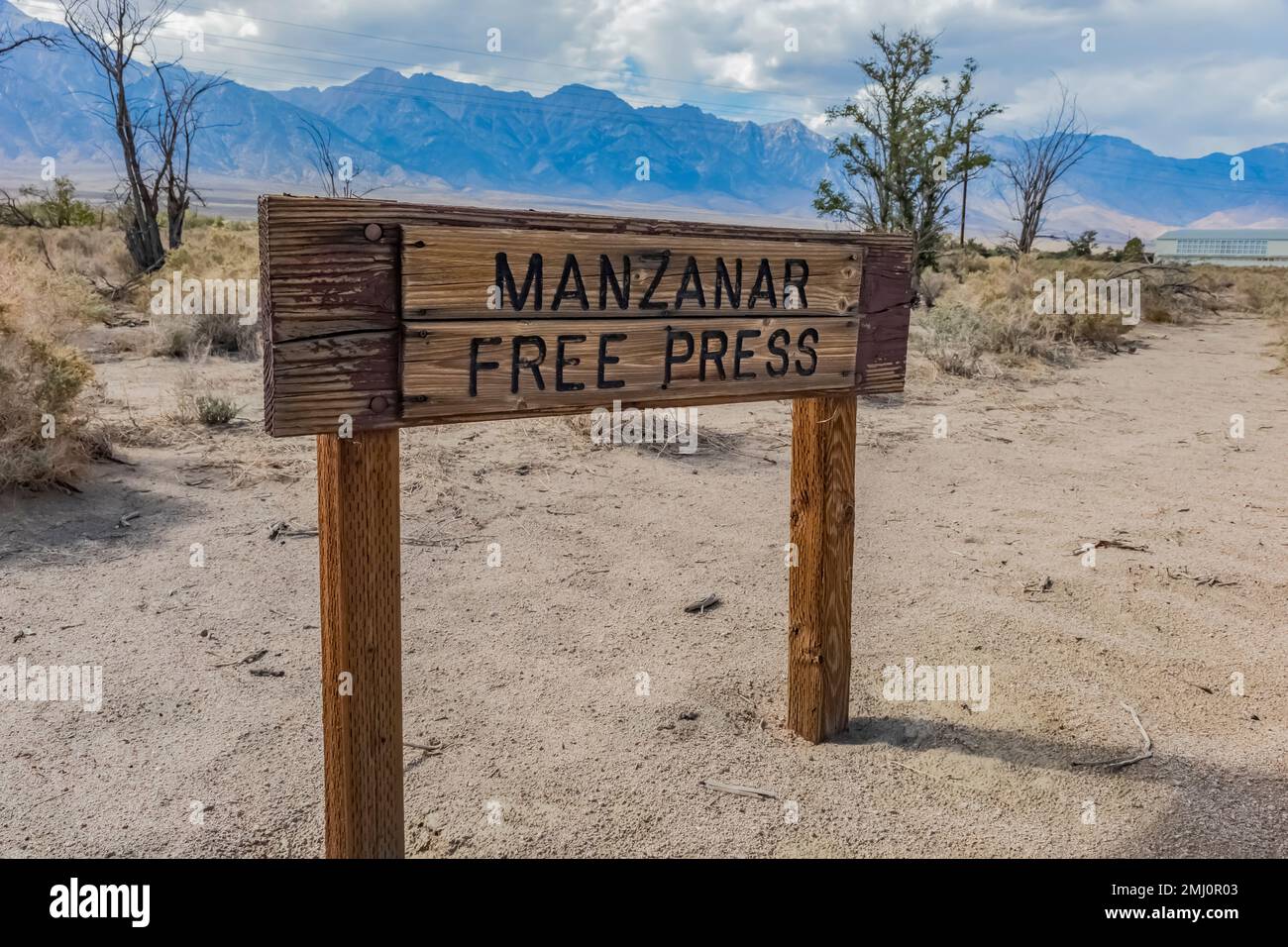 Firma per il quotidiano Manzanar Free Press al Manzanar National Historic Site, Owens Valley, California, USA Foto Stock