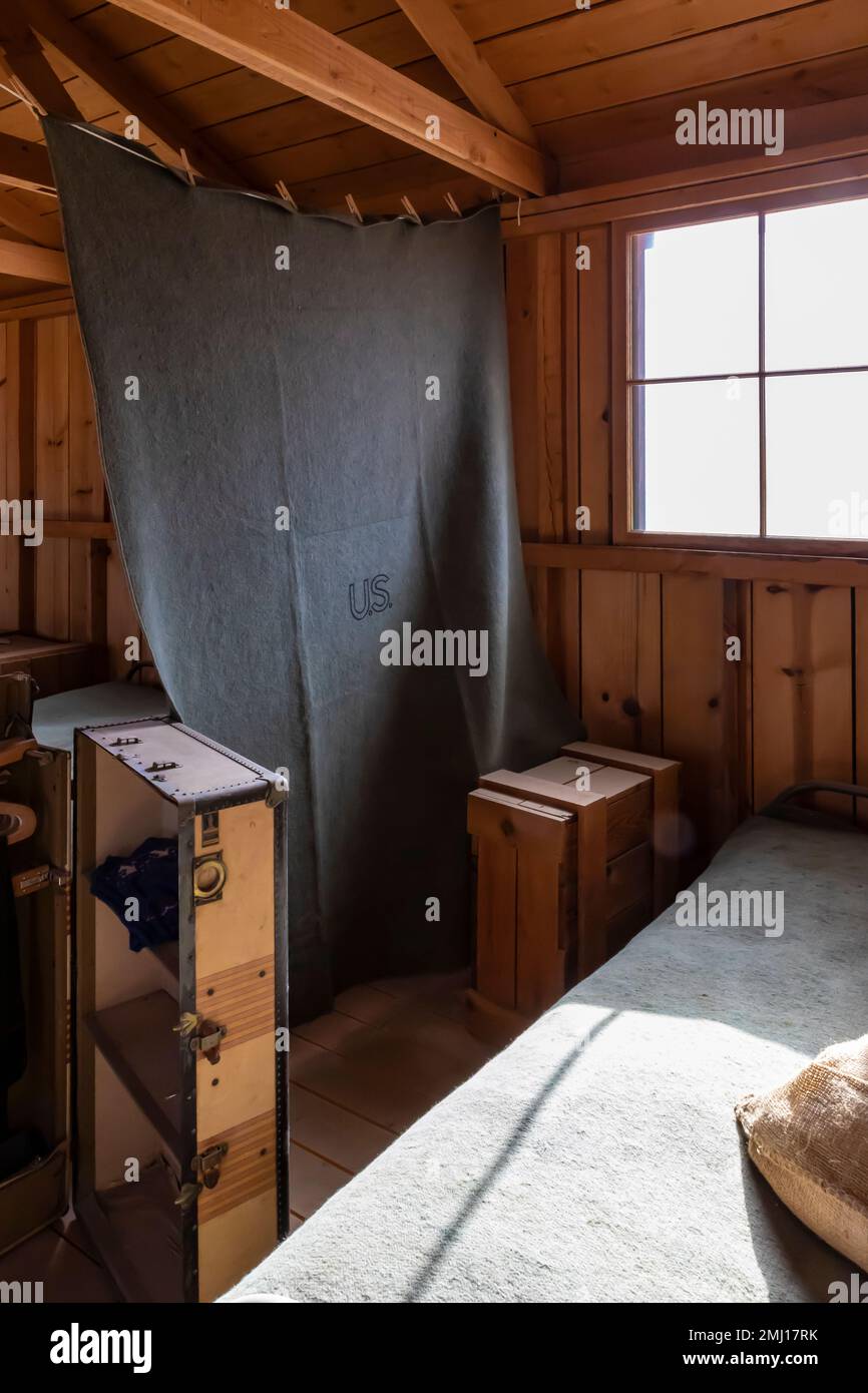Mostra caserma al blocco 14 al Manzanar National Historic Site, Owens Valley, California, USA Foto Stock