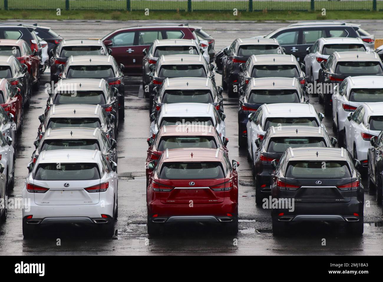 Centinaia di auto SUV Lexus in deposito veicoli al porto di Zeebrugge in attesa di distribuzione europea. Foto Stock