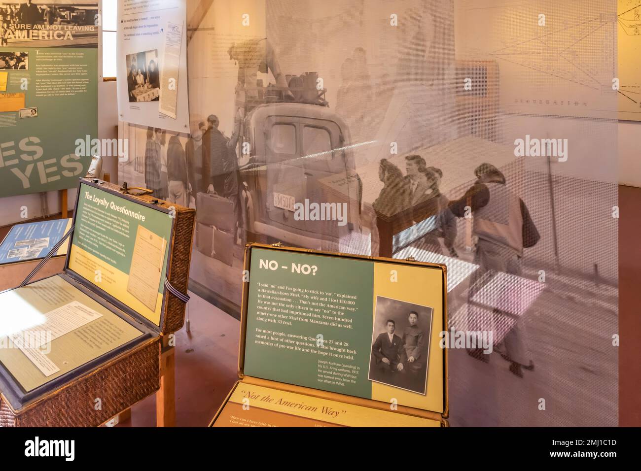 Mostra sul questionario di fedeltà al Manzanar National Historic Site, Owens Valley, California, USA Foto Stock