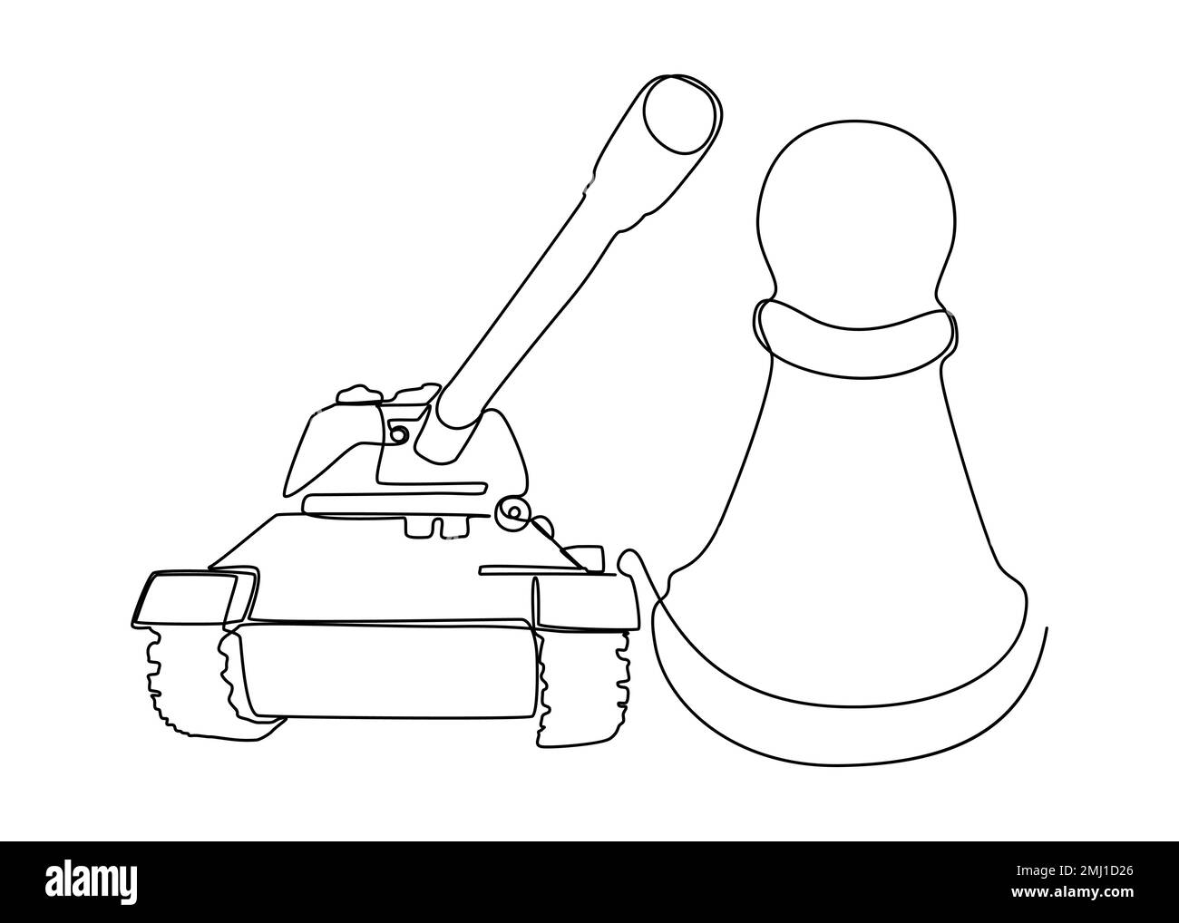 Una linea continua di Scacchi Pawn con serbatoio armato. Concetto di vettore di illustrazione a linea sottile. Disegno di contorno idee creative. Illustrazione Vettoriale