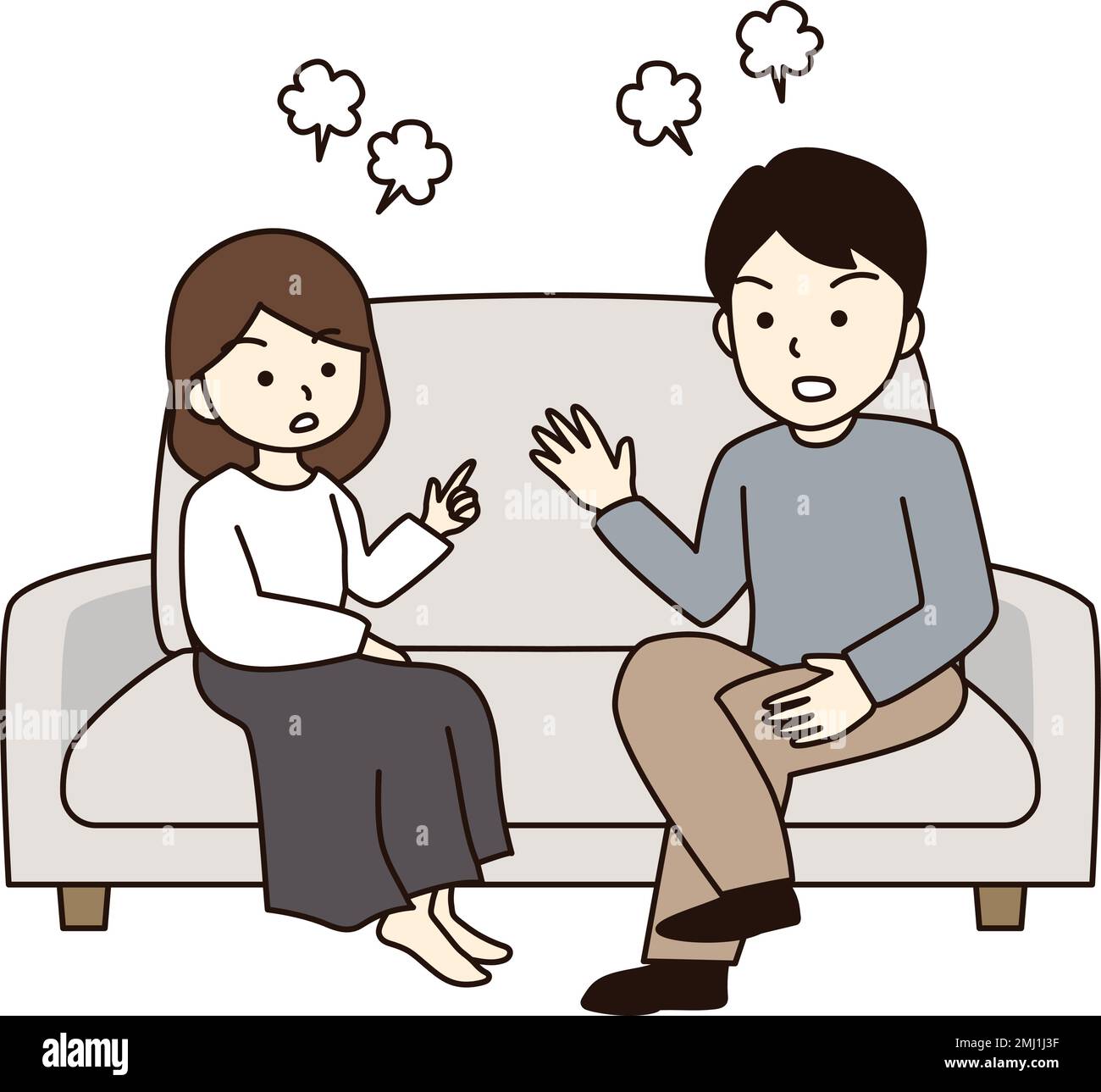 Una coppia seduta sul divano e combattuta. Illustrazione Vettoriale