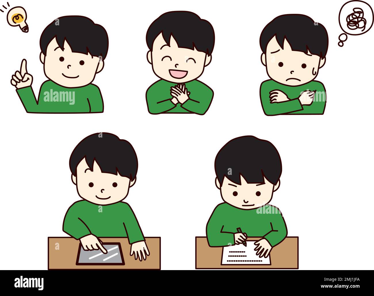 Illustrazione vettoriale dei ragazzi che studiano.5 modelli, (idea, sorriso, preoccupazione, funzionamento del tablet, scrittura) Illustrazione Vettoriale