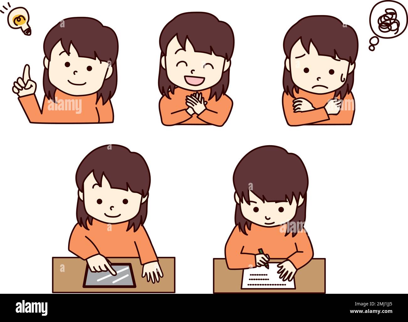 Illustrazione vettoriale delle ragazze studiando.5 modelli. (idea, sorriso, preoccupazione, funzionamento del tablet, scrittura) Illustrazione Vettoriale