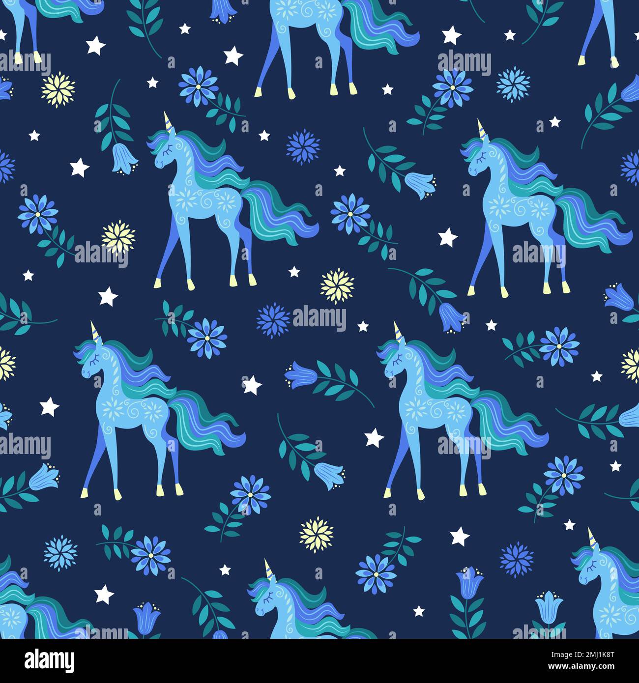 Motivo senza cuciture con unicorni e fiori. Vettore Illustrazione Vettoriale