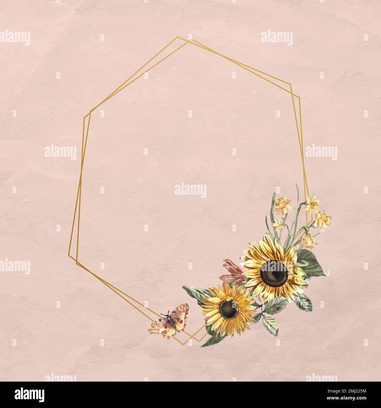 Cornice floreale vettoriale con girasole acquerello e farfalla su sfondo rosa Illustrazione Vettoriale