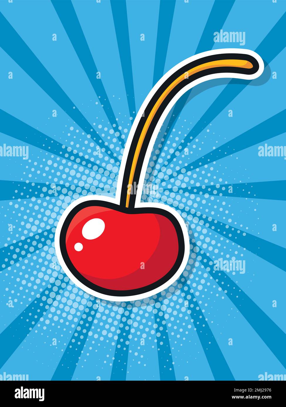 Adesivo rosso ciliegia su sfondo blu. Poster pop art. Illustrazione vettoriale. Illustrazione Vettoriale