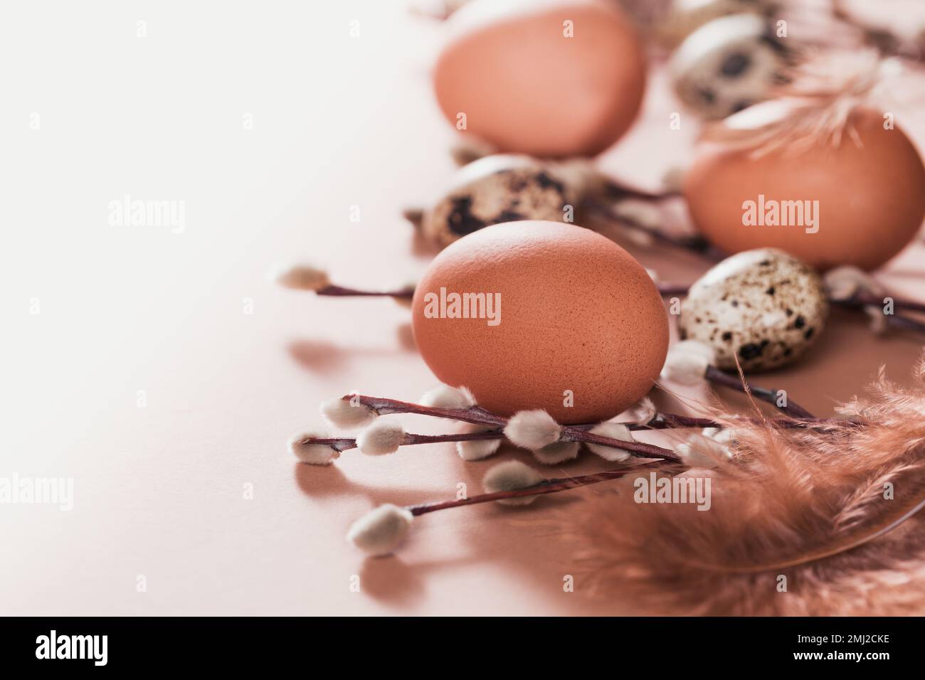 Sfondo pasquale con uova di colore naturale e piume marroni Foto Stock