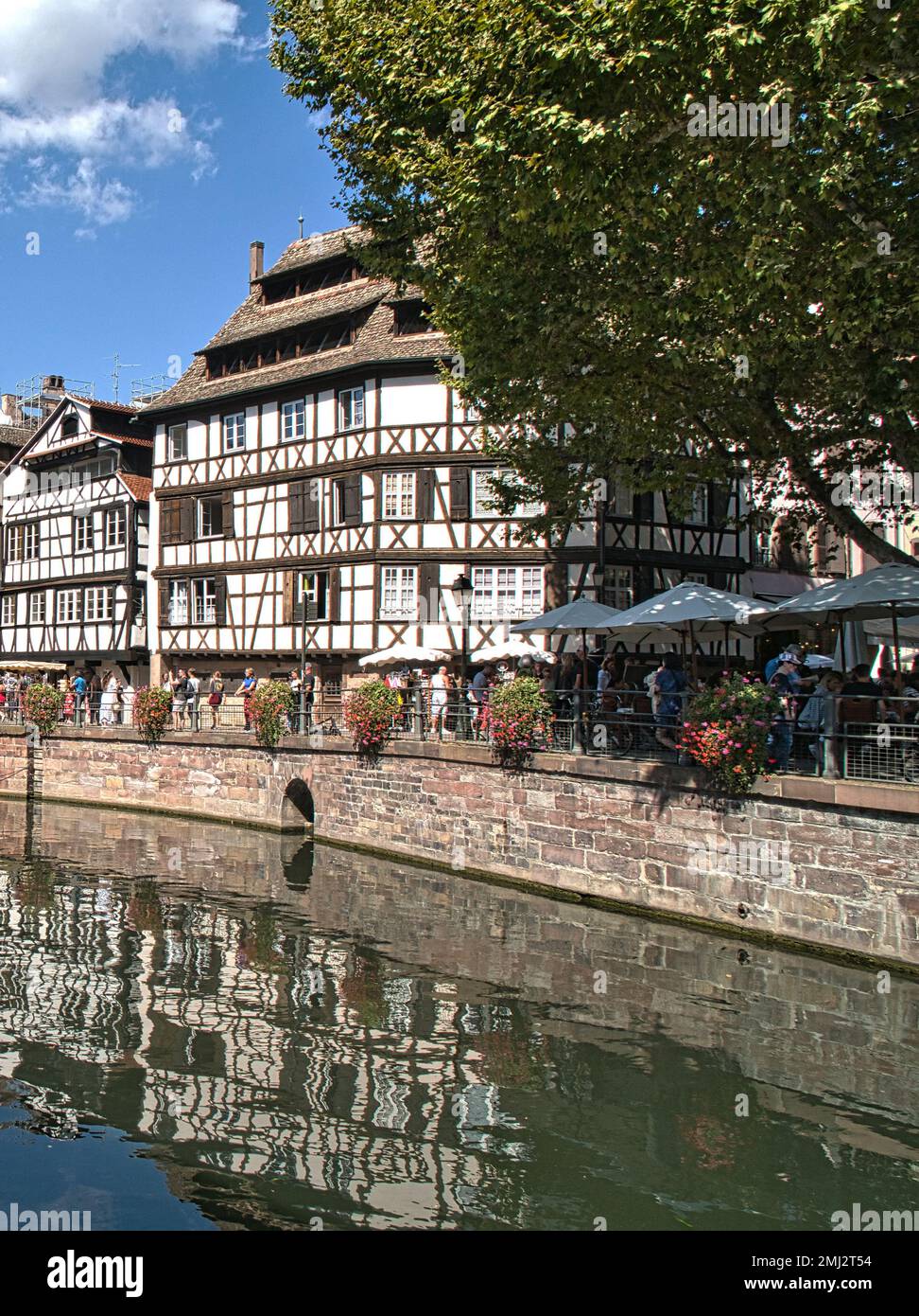 Scena canalside con edifici a graticcio e caffetteria con terrazza, Strasburgo, Alsazia, Francia Foto Stock