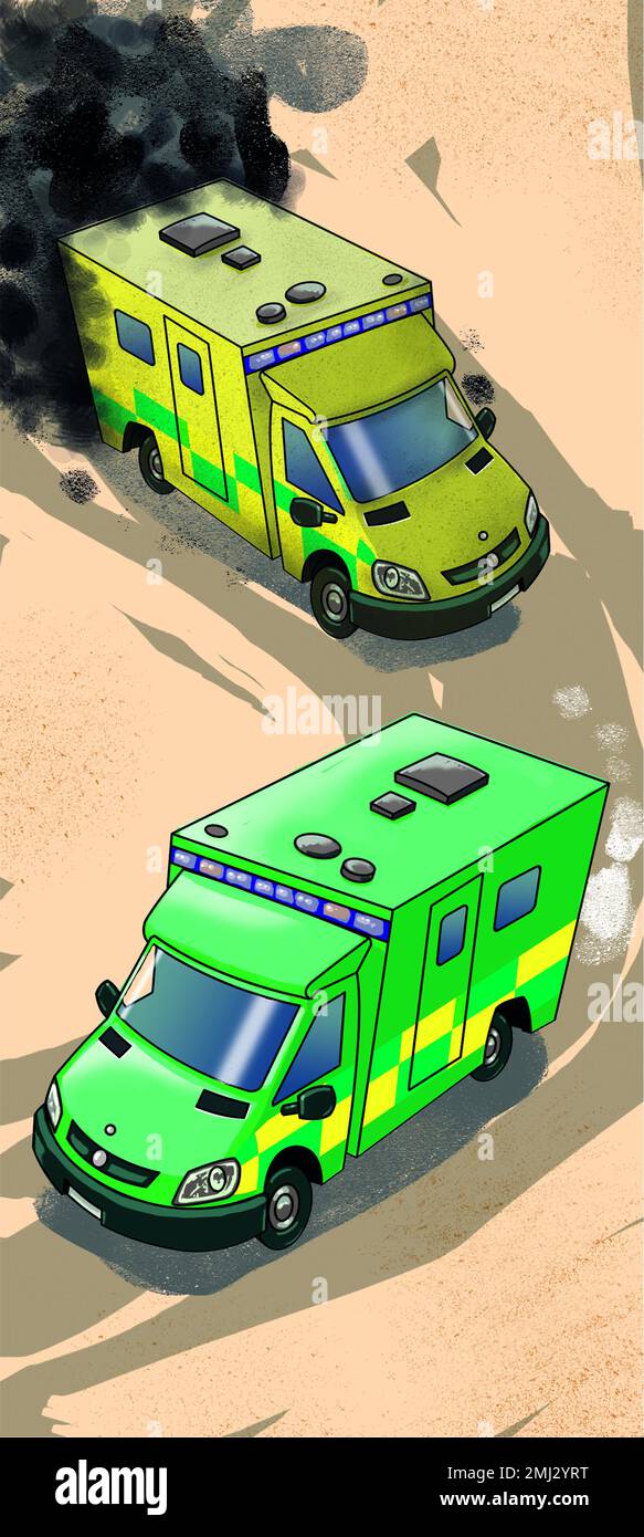 Concept art: Un'ambulanza inglese gialla standard con fumo che precipita dallo scarico si trasforma in un'ambulanza verde quando le flotte passano alle emissioni pulite. Foto Stock