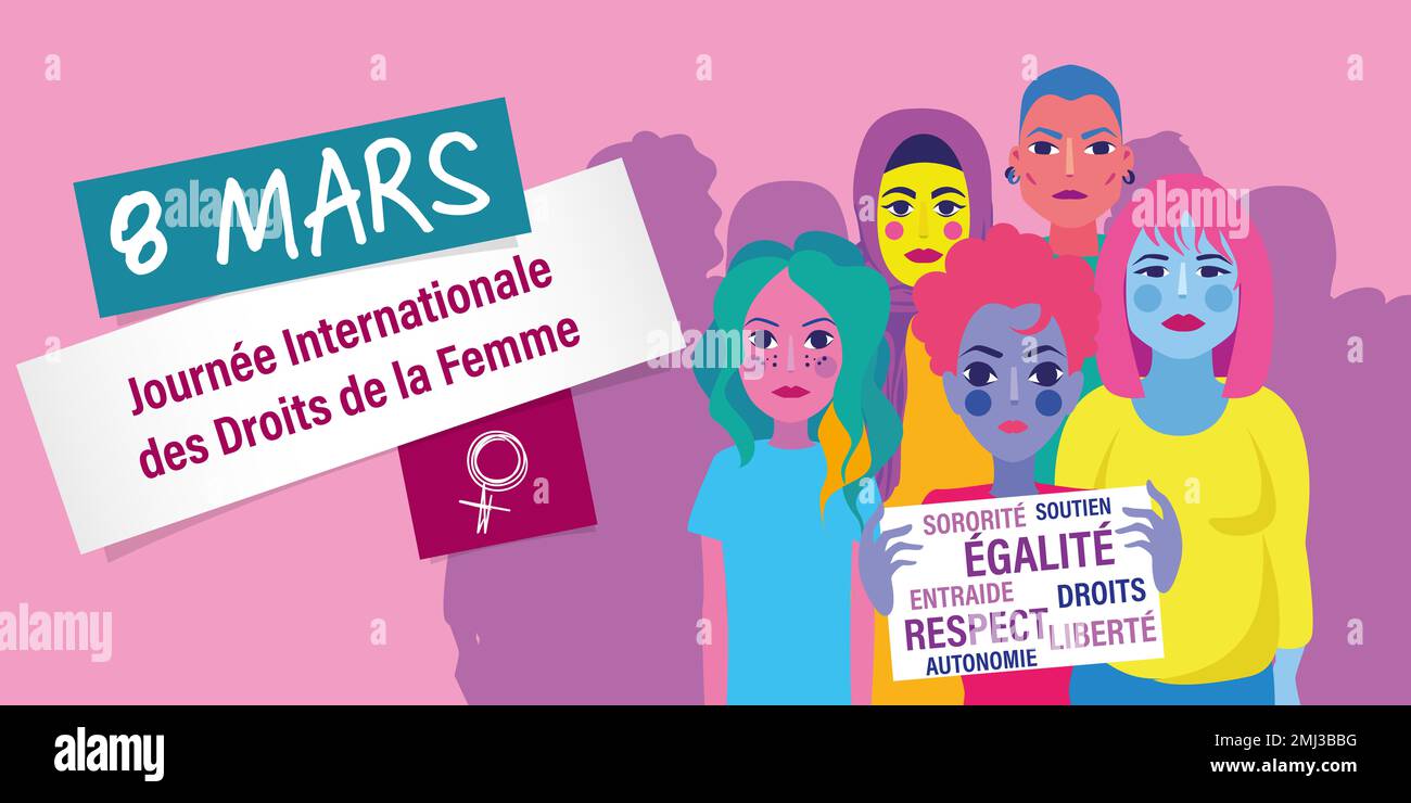 Tema della bandiera di illustrazione della giornata internazionale francese dei diritti delle donne Foto Stock