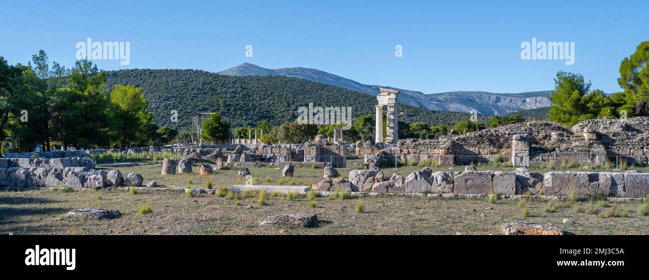 Sito di scavo, Catagogion, Asclepeion di Epidauro, Antica Città di Epidauros, Peloponneso, Grecia Foto Stock