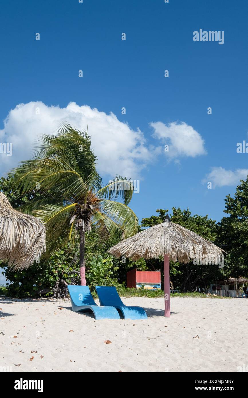 Sedie a sdraio in plastica e ombrelloni a foglia di palma sulla spiaggia di Playa Ancon vicino a Trinidad, Cuba Foto Stock