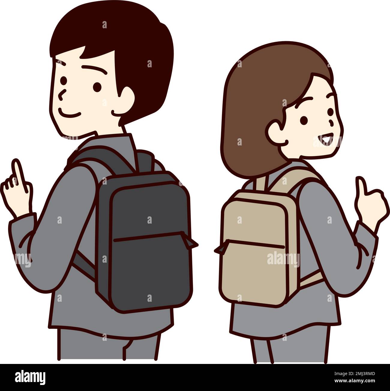 Uomini e donne in tute che trasportano zaini business. Illustrazione Vettoriale