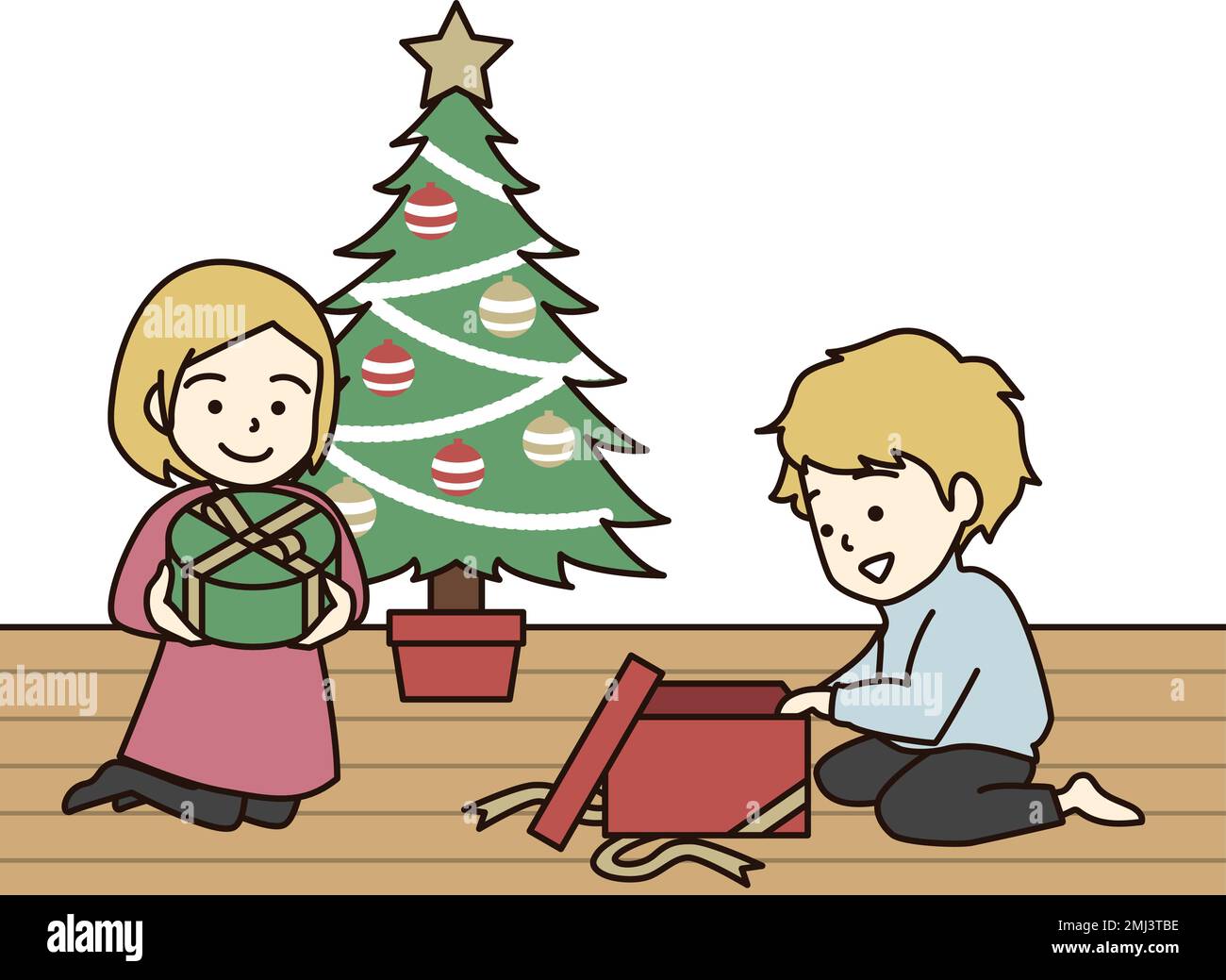 Bionda ragazzi e ragazze ottenere regali di Natale. Illustrazione Vettoriale