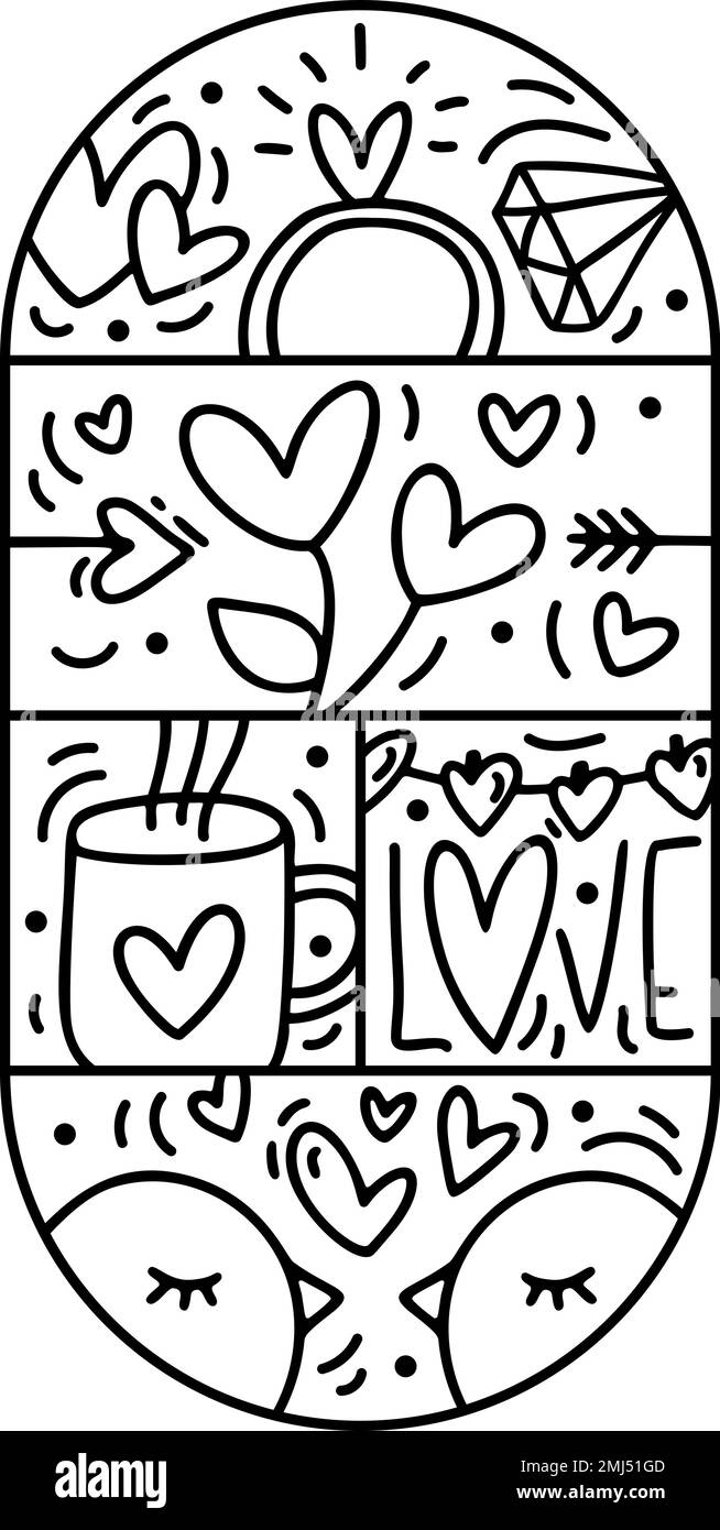 Anello costruttore di composizione vettoriale valentine, sacchetto, uccello e cuori. Logo per le vacanze d'amore disegnato a mano in cornice rotonda per biglietti d'auguri, web design Illustrazione Vettoriale