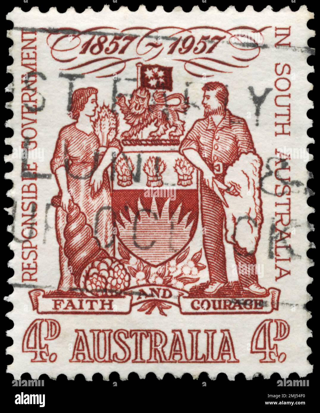 AUSTRALIA - CIRCA 1957: Uno Stamp stampato in AUSTRALIA mostra il South Australia Coat of Arms, Centenario del governo responsabile, circa 1957 Foto Stock