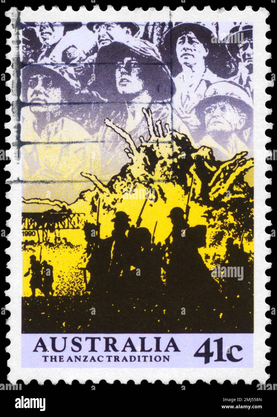 AUSTRALIA - CIRCA 1990: Uno Stamp stampato IN AUSTRALIA mostra gli Anzacs sul fronte, scene di WW II, ANZAC serie, circa 1990 Foto Stock