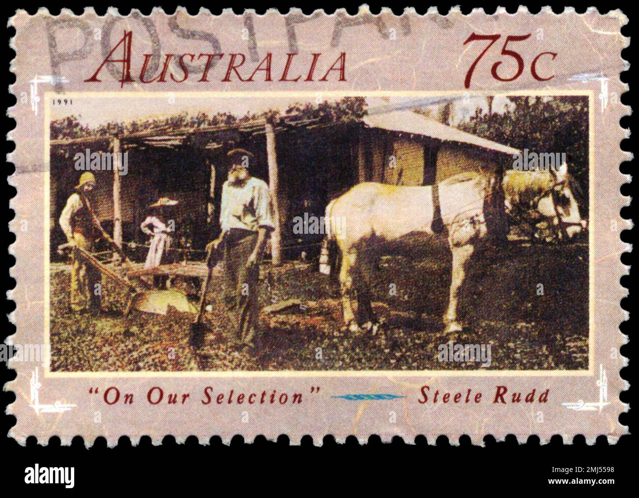 AUSTRALIA - CIRCA 1991: Un timbro stampato IN AUSTRALIA mostra la 'on Our Selection', di Steele Rudd (1868-1935), letteratura australiana del 1890, se Foto Stock