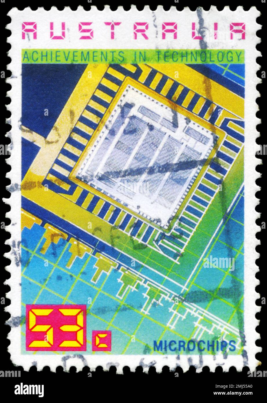 AUSTRALIA - CIRCA 1987: Uno Stamp stampato IN AUSTRALIA mostra i microchip, realizzazioni serie tecnologia, circa 1987 Foto Stock