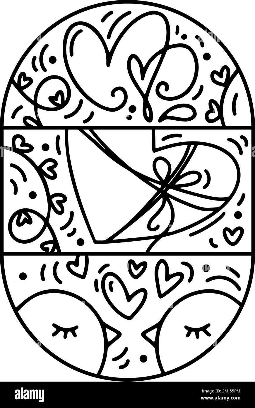 San Valentino vettore composizione costruttore uccello, scatola regalo e cuori. Logo per le vacanze d'amore disegnato a mano in cornice rotonda per biglietti d'auguri, web design Illustrazione Vettoriale
