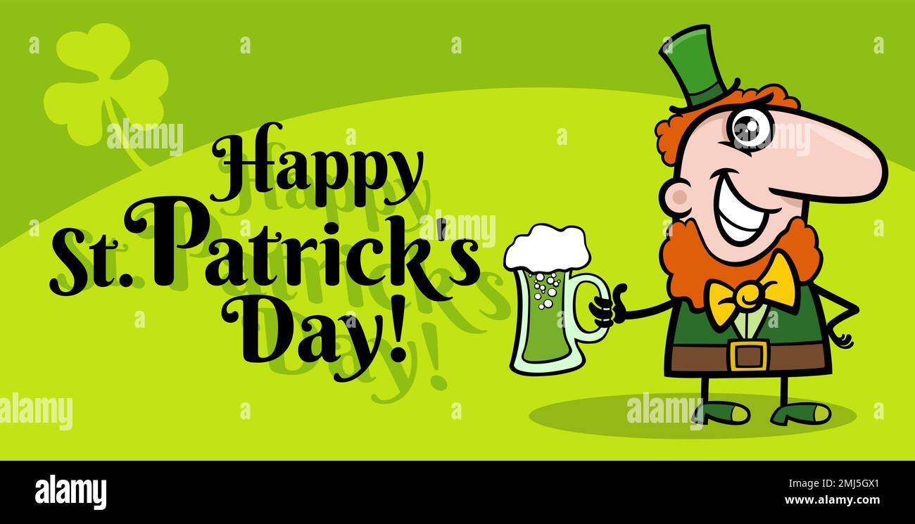 Illustrazione cartoon del disegno del giorno di San Patrizio con carattere Leprechaun con birra verde Illustrazione Vettoriale