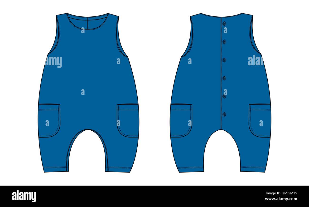 Sleeveless baby romper tecnico globale moda piatto disegno vettoriale illustrazione modello vista anteriore e posteriore. Abbigliamento Abbigliamento design Mock up Illustrazione Vettoriale
