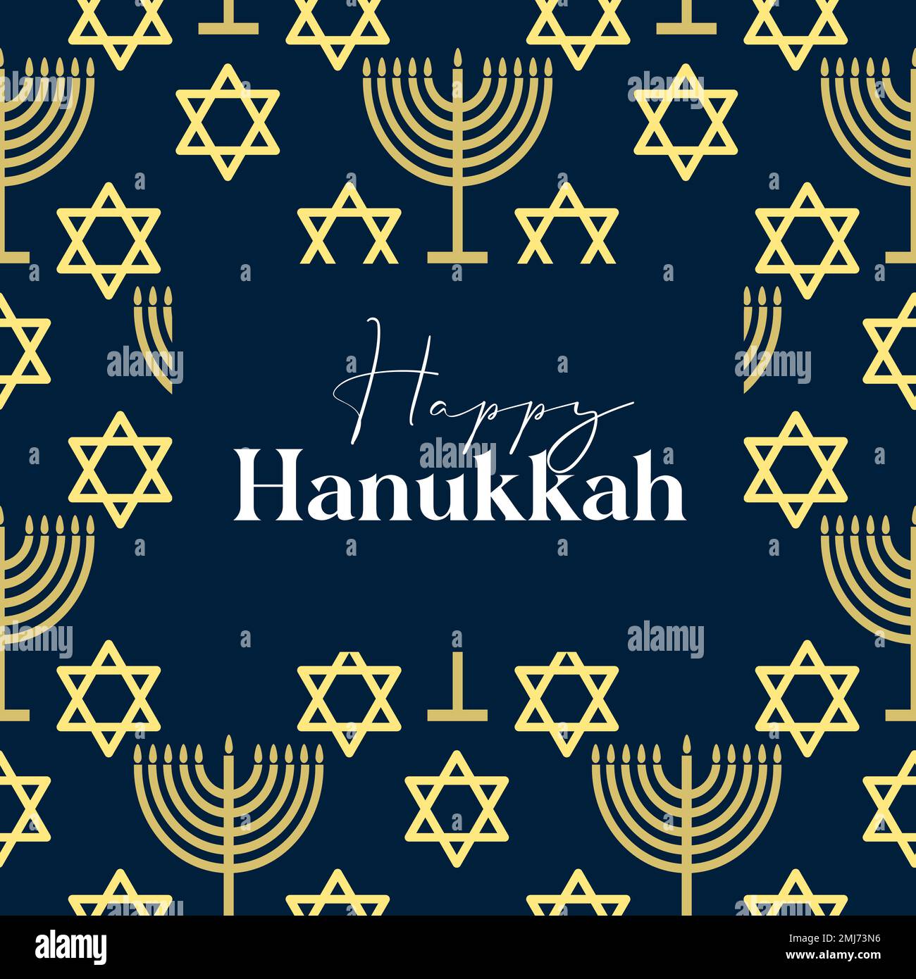 Happy Hanukkah card design con simboli d'oro su sfondo di colore blu per la vacanza ebraica Hanukkah Illustrazione Vettoriale