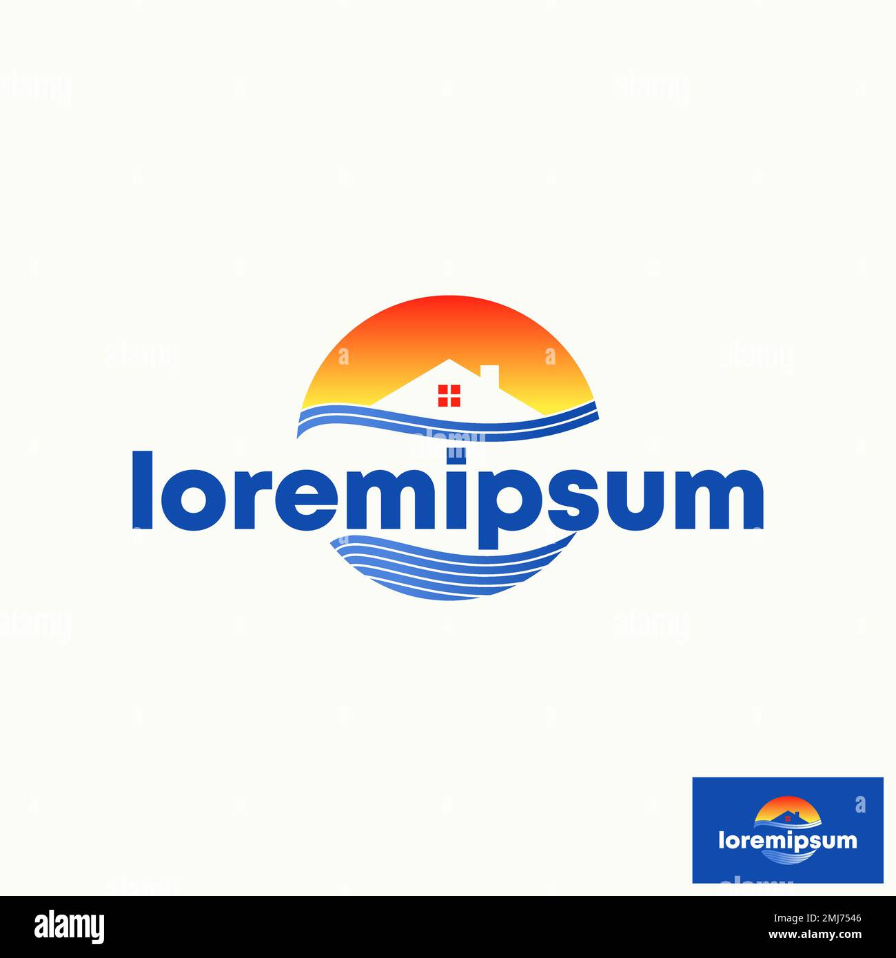 Semplice e unico tramonto all'alba con casa e spiaggia onda su cerchio immagine grafica icona logo design astratto concetto vettore stock viaggio o vacanza Illustrazione Vettoriale