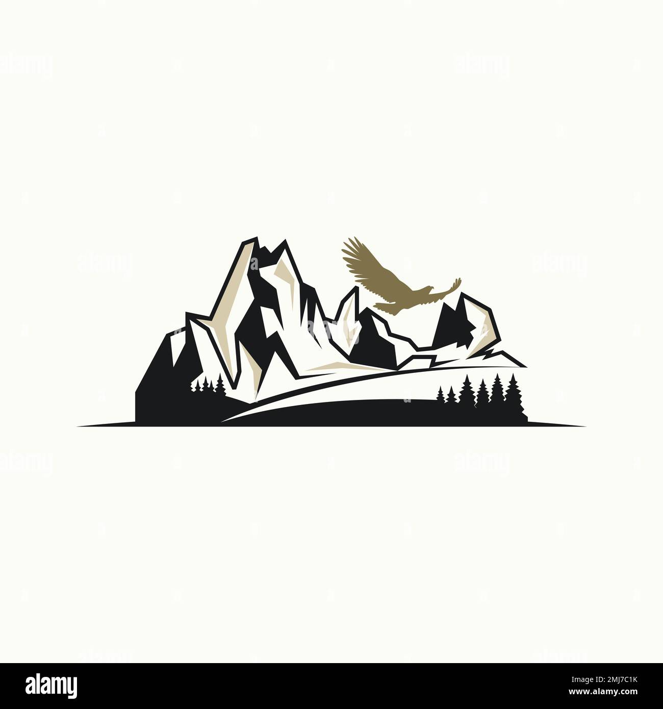 Unico ma semplice montagna rocciosa con fitta foresta e uccelli immagine grafica icona logo design astratto concetto vettore stock avventura o paesaggio Illustrazione Vettoriale