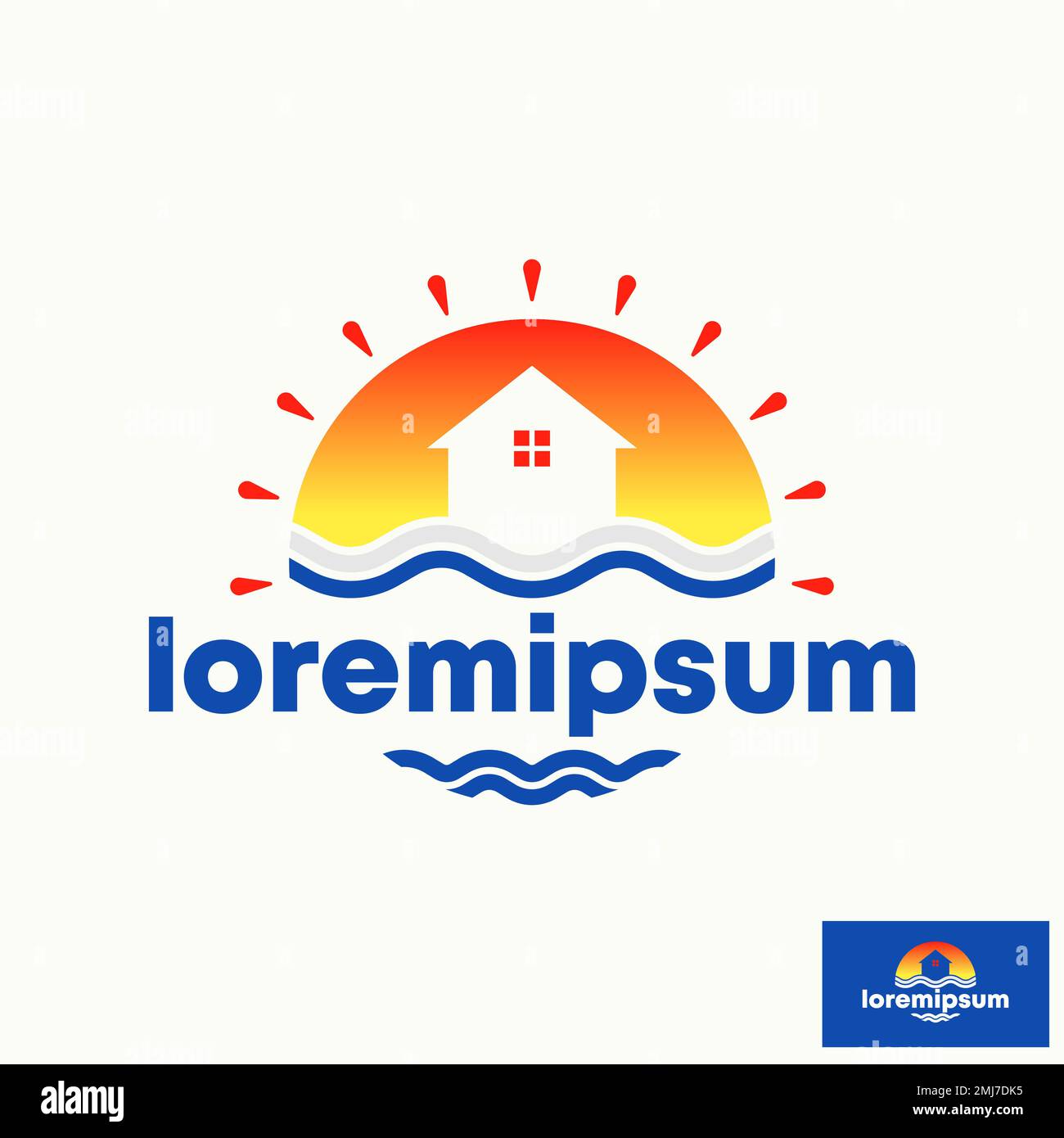 Semplice e unico tramonto all'alba con casa e onda spiaggia immagine grafica icona logo design astratto concetto vettore stock relativi a viaggi o vacanze Illustrazione Vettoriale