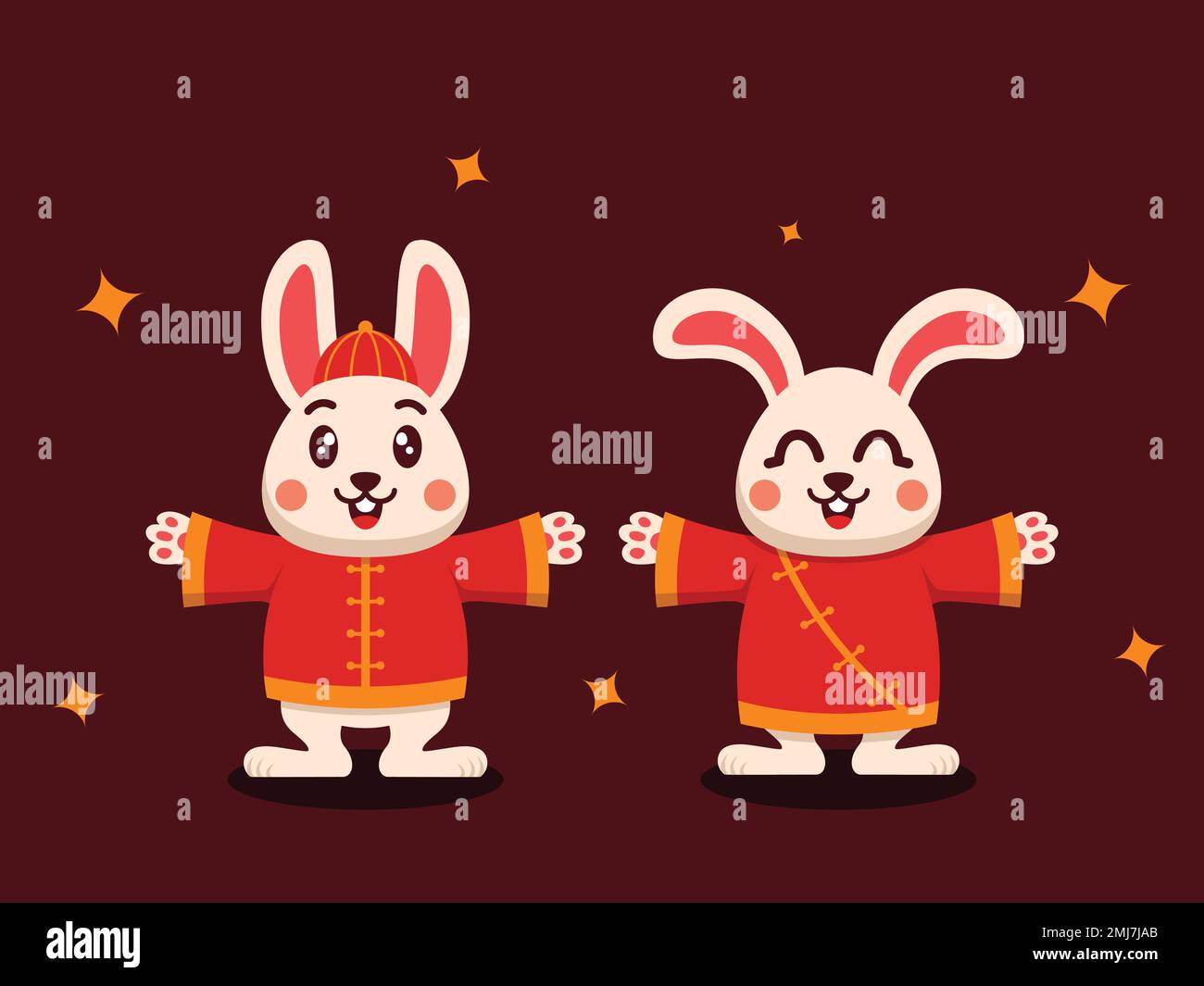 Elemento piatto di due conigli cinesi carini. Festeggiamo il nuovo anno lunare. Progettazione vettoriale. Illustrazione Vettoriale