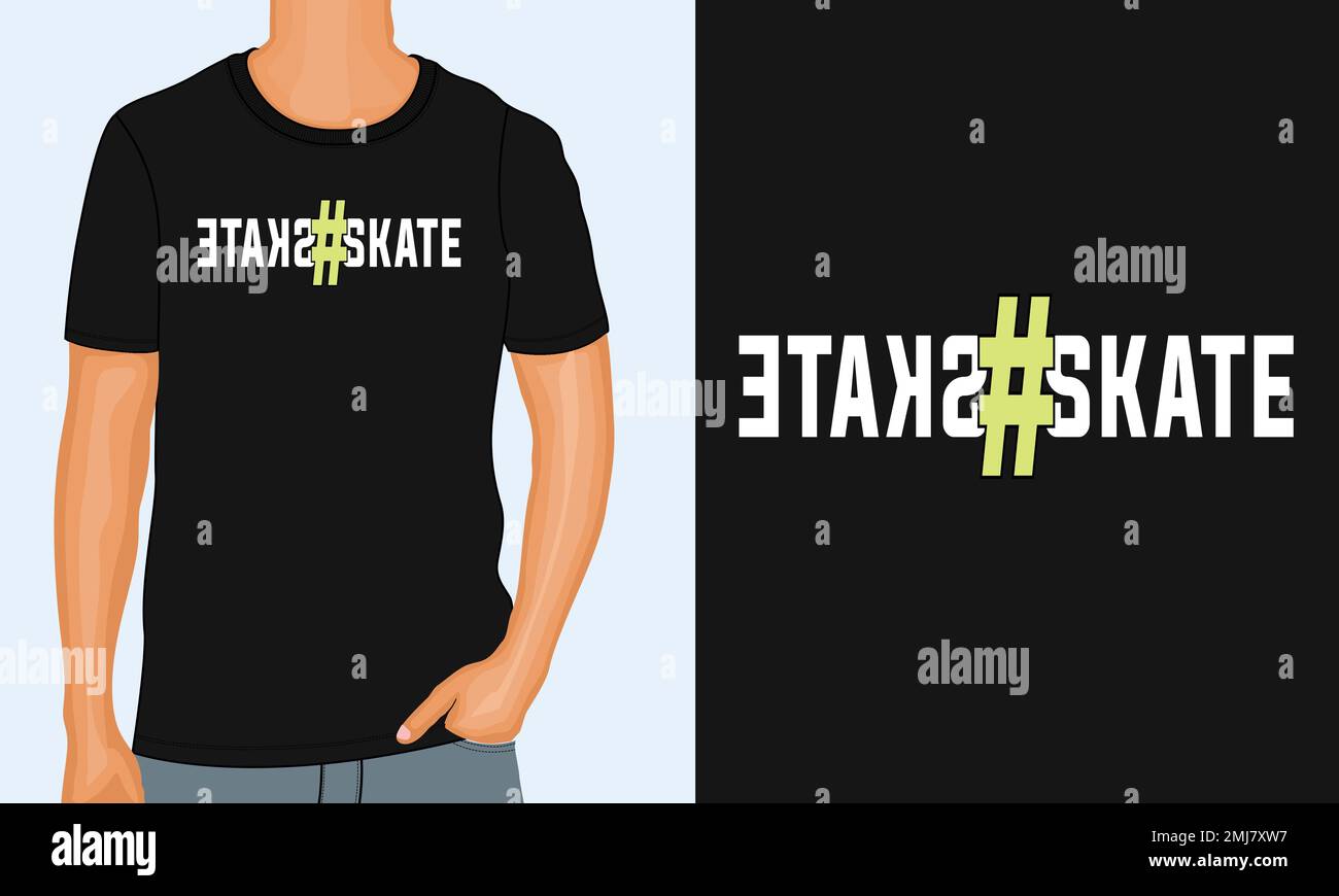 SKATE Typography testo T-shirt modello da stampa Chest Pronto per la stampa. Illustrazione vettoriale della t-shirt moderna e scritta isolata sulla vista del modello nero. Illustrazione Vettoriale