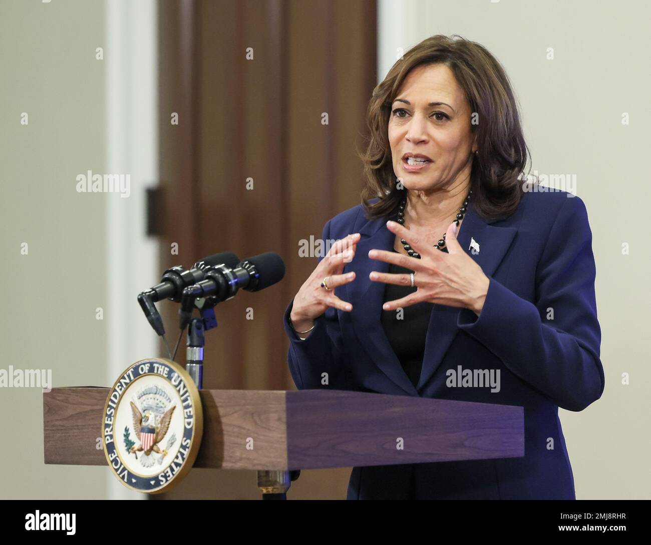 Washington, DC, Stati Uniti. 27th Jan, 2023. Il Vice Presidente DEGLI STATI UNITI Kamala Harris si rivolge a una riunione di funzionari statali e locali, leader del lavoro e ONG provenienti da tutti gli Stati Uniti durante un Accelerating Lead Pipe Replacement Summit alla Casa Bianca, venerdì 27 gennaio 2023 a Washington, DC. Photo by Jemal Countess/UPI Credit: UPI/Alamy Live News Foto Stock