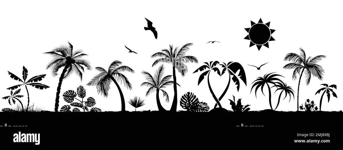 Paesaggio con palme. Silhouette nere di palme su sfondo bianco. Design per poster, banner da viaggio. Illustrazione vettoriale Illustrazione Vettoriale